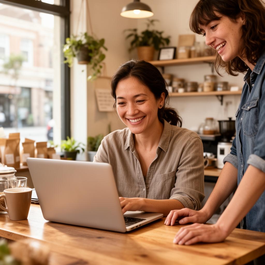 A small business owner showing her new website to a customer in her cafe